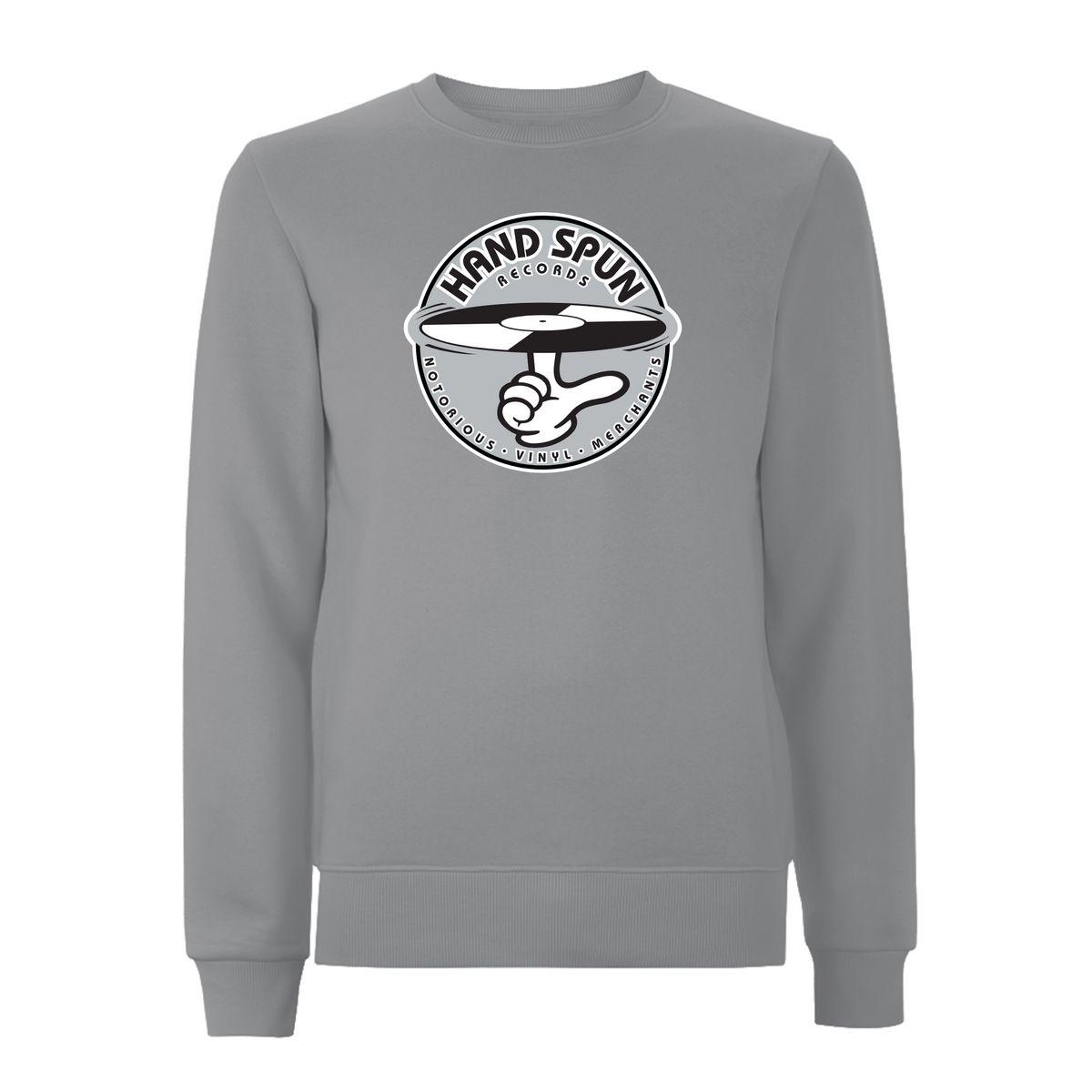 HANDSPUN RECORDS - Classic Front Print GREY Logo Sweatshirt – Rave inspired 90s streetwear, retro fashion from Have a nice day london store 